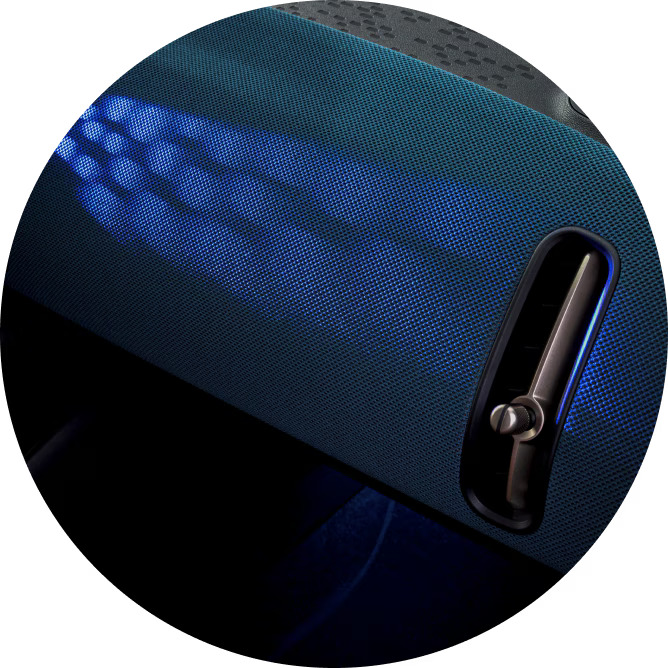 Sustainably sourced 2D knitted fabric dashboard and door panels made from 100% recycled polyester with ambient light projections via the MINI Interaction Unit turn your MINI into a secret oasis.